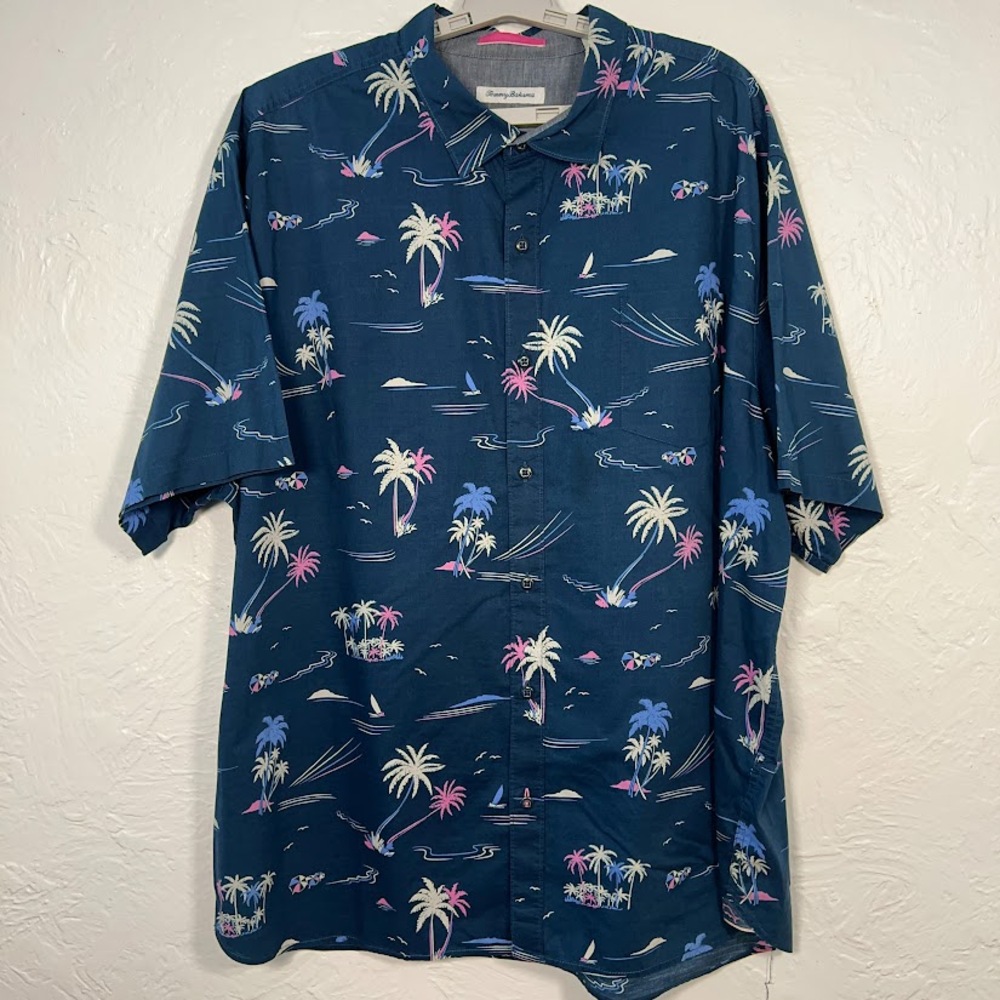 Tommy Bahama Costa Breeze Camp Shirt 3XL Tropical Palm Print Blue